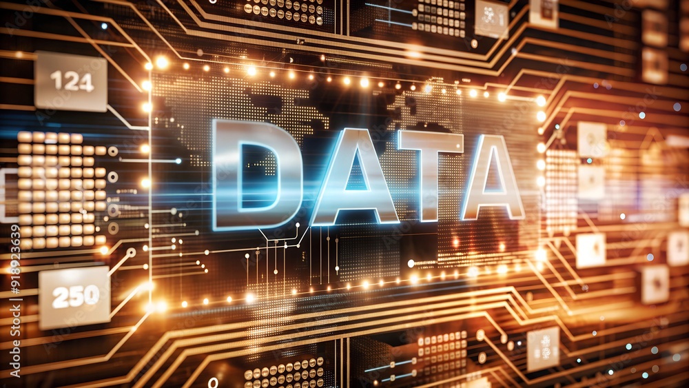 Poster futuristic digital image with circuit patterns and glowing blue center featuring the word 'data'