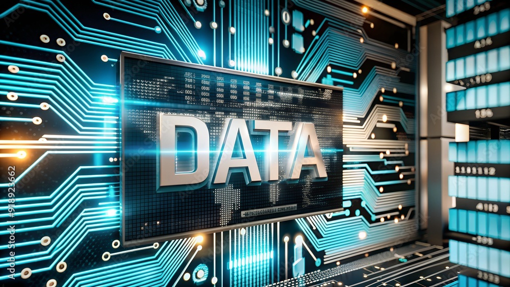 Poster futuristic digital image with circuit patterns and glowing blue center featuring the word 'data'