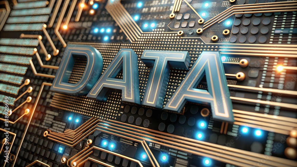 Poster futuristic digital image with circuit patterns and glowing blue center featuring the word 'data'