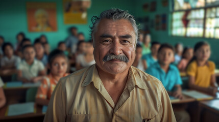 Fototapeta premium A man with a mustache and gray hair wearing a teacher's outfit standing in the classroom