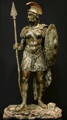 Obraz premium A detailed statue of a warrior stands poised with a spear and shield, highlighting ancient craftsmanship and historical significance