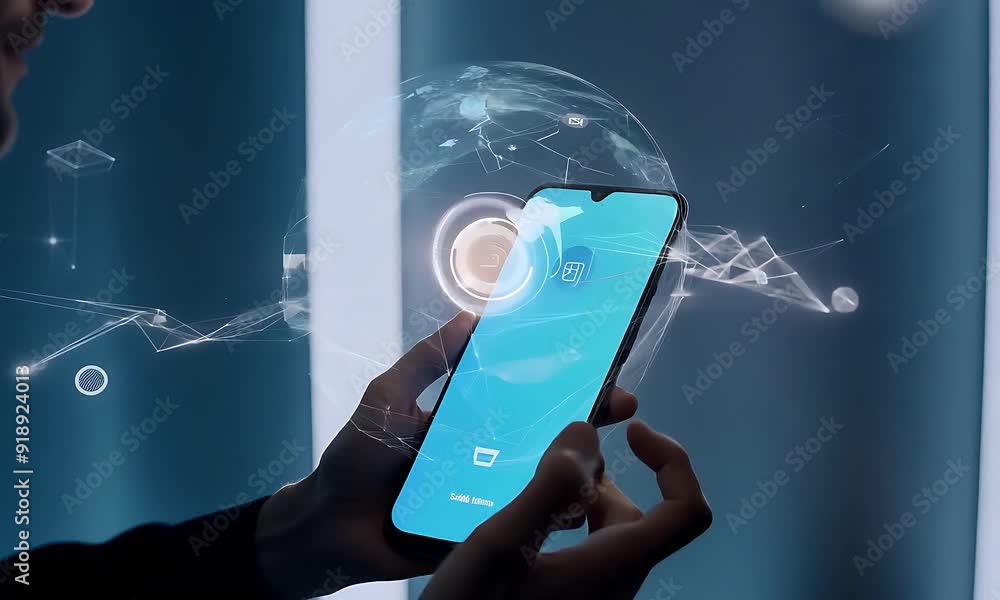 Poster a presenter demonstrates key features of a smartphone at a tech event