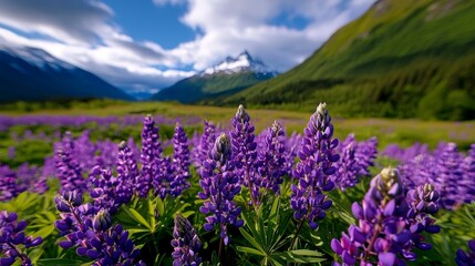 Obraz premium Lupine field with mountain backdrop, Alaska landscape