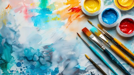 Fototapeta premium Watercolor painting with paintbrushes and paints on white background, colorful, vibrant, creative concept for kids art class or design studio banner