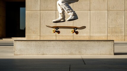 Skateboarder performing a precise grind on a metallic rail, demonstrating expert balance and technique, against a minimalist concrete backdrop