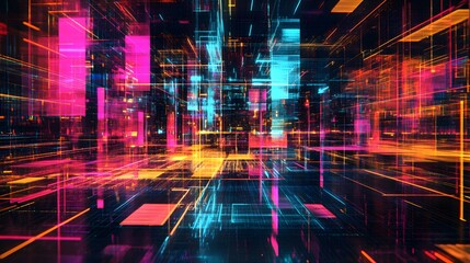 56. Abstract geomatics featuring layered grids and vibrant neon accents