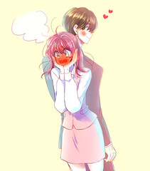 恋する男性と照れる女性　会社員