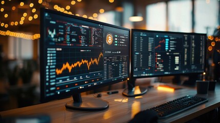 A high-tech workspace with multiple monitors showing cryptocurrency analytics and financial technology tools, including real-time graphs, trading data, and market analysis dashboards. The setup