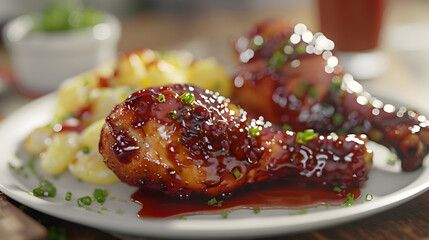 Closeup of glazed chicken drumsticks with potato salad on a white plate.