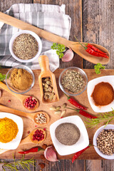composition with different aromatic spices on wooden background