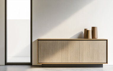 Fototapeta premium Elegant sideboard in beige color next to a window in an interior design composition. Luxury property interiors with minimalist elegant furniture.
