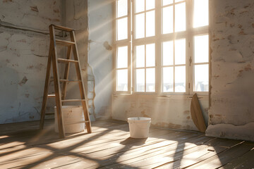 Sunlight streams through a window in an empty room with paint buckets and a ladder, the perfect space for creative projects and new beginnings.