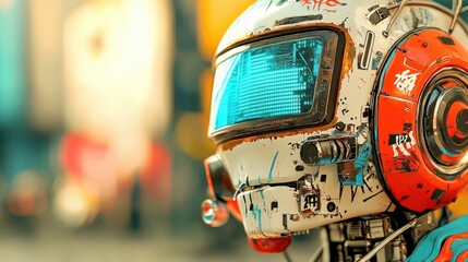 Fototapeta premium Detailed close-up of a lazy punk robot is face featuring a worn-out, graffiti-styled visor with a smirking expression, metallic surface showing signs of rust and wear, and brightly colored patches.