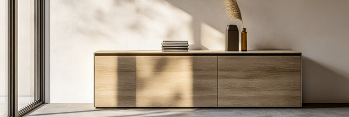 Elegant sideboard in beige color next to a window in an interior design composition. Luxury property interiors with minimalist elegant furniture.