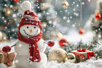 Obraz premium Christmas greeting card with bright winter holiday snowman and New Year background