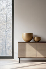 Elegant sideboard in beige color next to a window in an interior design composition. Luxury property interiors with minimalist elegant furniture.