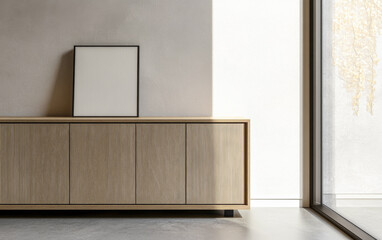Fototapeta premium Elegant sideboard in beige color next to a window in an interior design composition. Luxury property interiors with minimalist elegant furniture.