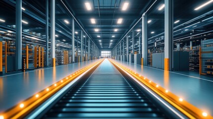 Fototapeta premium High-resolution 3D rendering of a logistics center equipped with state-of-the-art technology. The focus is on the streamlined processes and automated systems in place, providing ample space for text