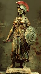 The ancient warrior statue stands poised, showcasing intricate armor and a shield, surrounded by muted museum colors