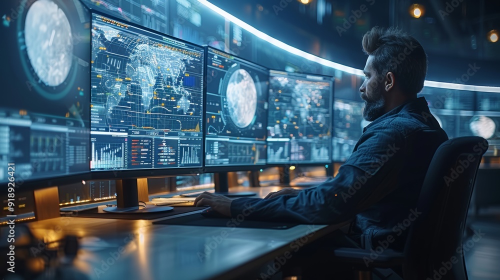 Aufkleber professional analyzing global data at multi-monitor workstation in a modern control room during the 