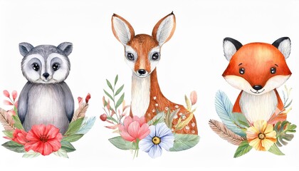 Naklejka premium Watercolor set of forest cartoon isolated cute baby fox, deer, raccoon and owl animal with flowers. Nursery woodland illustration. Bohemian boho drawing for nursery poster, pattern