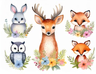 Fototapeta premium Watercolor set of forest cartoon isolated cute baby fox, deer, raccoon and owl animal with flowers. Nursery woodland illustration. Bohemian boho drawing for nursery poster, pattern