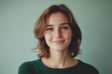 portrait of young happy woman looks in camera, Generative AI