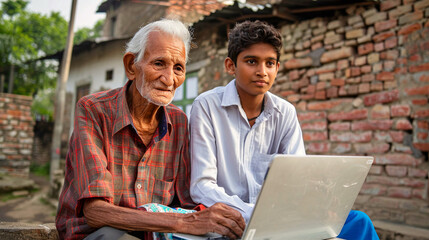 Obraz premium Poor indian father learning to use laptop from son.