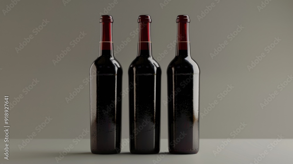 Poster three empty wine bottles placed side by side on a table or counter