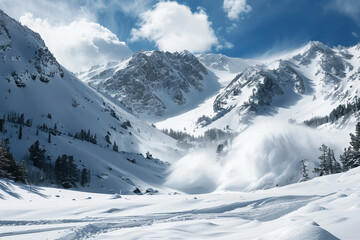 Obraz premium Generative ai on theme of descent of an huge avalanche from the mountain, winter nature landscape