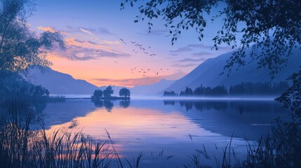 Serene Sunset Over a Calm Lake with an Island and Silhouetted Trees