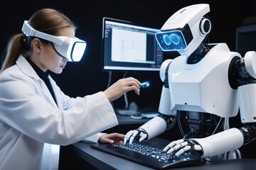 Focused female scientist examines microscopic samples in high-tech lab