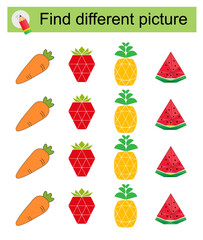 Fun puzzle game for children. Find the odd one in the group. Vector illustration of cartoon watermelon, pineapple, strawberry, carrot.