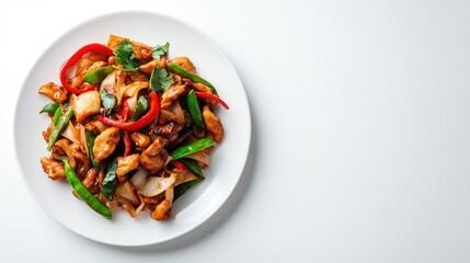 A plate of pad kra pao on a clean white background with ample space for text or branding.