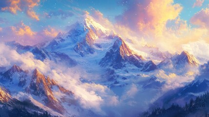 Snow-Capped Mountain Peaks with Clouds and a Starry Sky