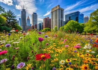 Vibrant wildflowers bloom in a lush urban green space, bringing bursts of color and biodiversity to the midst of a bustling city's concrete landscape.
