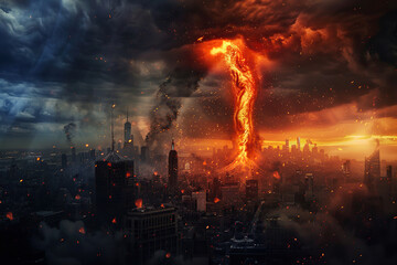 Fototapeta premium Generative ai on theme of scary huge hurricane fire tornado, apocalyptic dramatic background