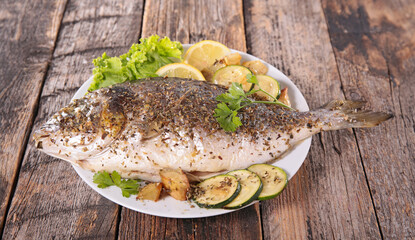 fried fish with vegetables on plate