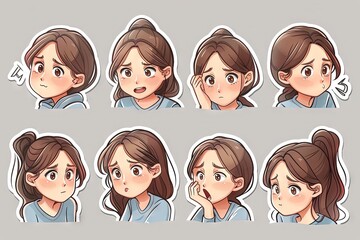 A set of cute girl stickers featuring various expressions and emotions in a playful and colorful design