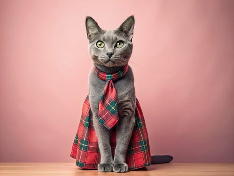 Adorable Korat cat models a tartan kilt, showcasing its natural elegance against a soft, pastel pink background, creating a whimsical and charming visual delight.
