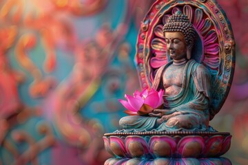 Fototapeta premium A detailed depiction of a Buddha statue adorned with a lotus flower, showcasing calm and meditative presence