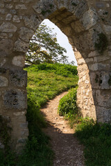 Obraz premium The Hilltop ruins of an 11th-century stronghold, château de Hohenurach, Burgruine Hohenurach, Stronghold Atop a Hill in Bad Urach, Castle in Baden-Württemberg