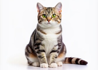 Obraz premium Adorable American Wirehair cat with unique wiry coat and piercing green eyes sitting proudly against a clean white background, showcasing its playful personality.