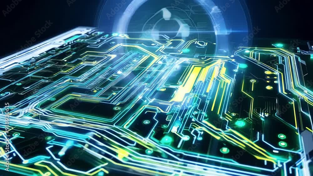 Poster illuminated circuit board with intricate designs showcasing vibrant colors and advanced technology s
