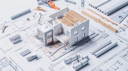 A 3D model of a house sitting on a blueprints, ideal for architecture and real estate use