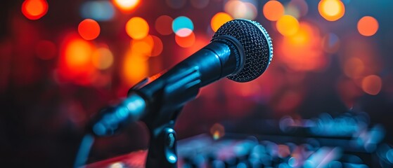 Obraz premium Closeup of a microphone on a stage with an American flag backdrop, ready for a speech or performance