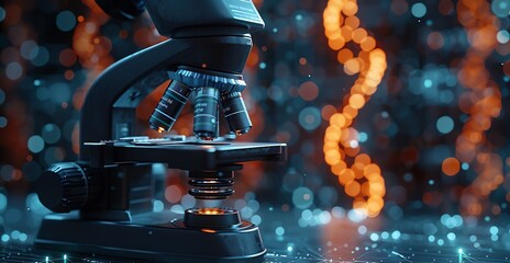 Closeup of a microscope with futuristic digital data and DNA helixes in a hightech lab
