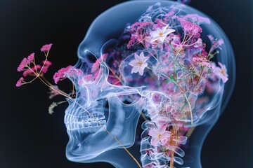 A creative X-ray depiction of a skull, featuring a bouquet of flowers inside for a visually captivating effect