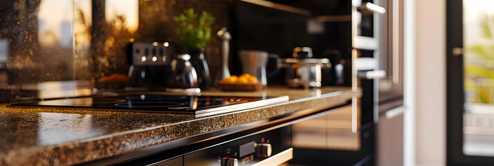 Modern Kitchen Countertop with Black Appliances and Granite Surface 3D Illustration