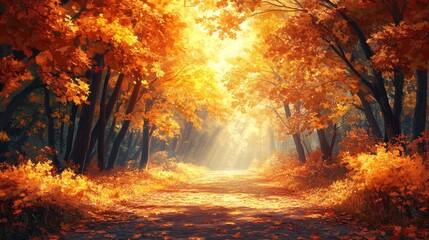 Sunlit Path Through a Golden Autumn Forest